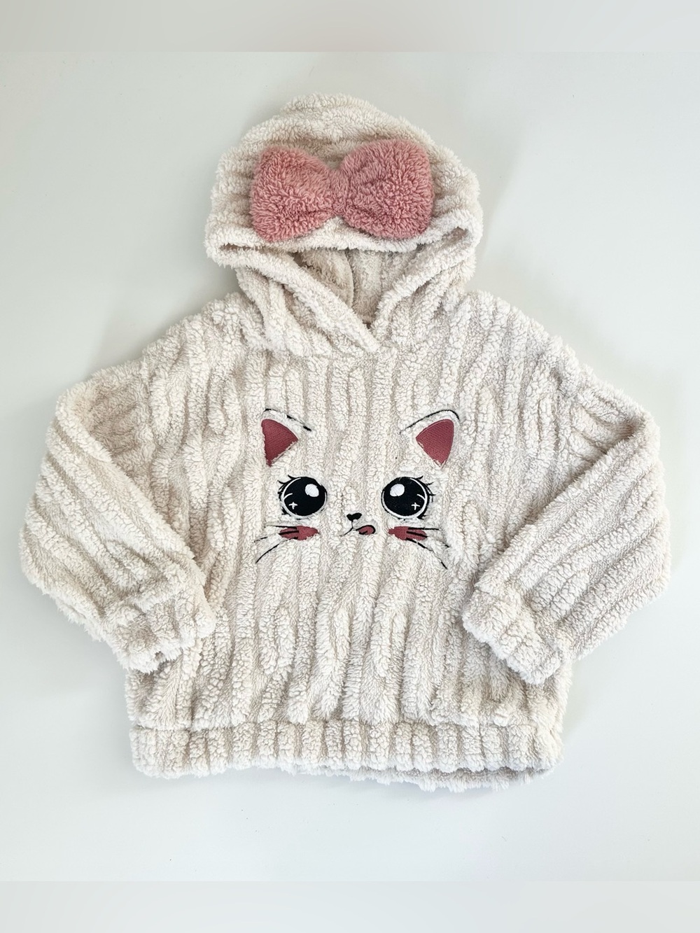 Girls Fuzzy Cat Hoodie With Pink Bow